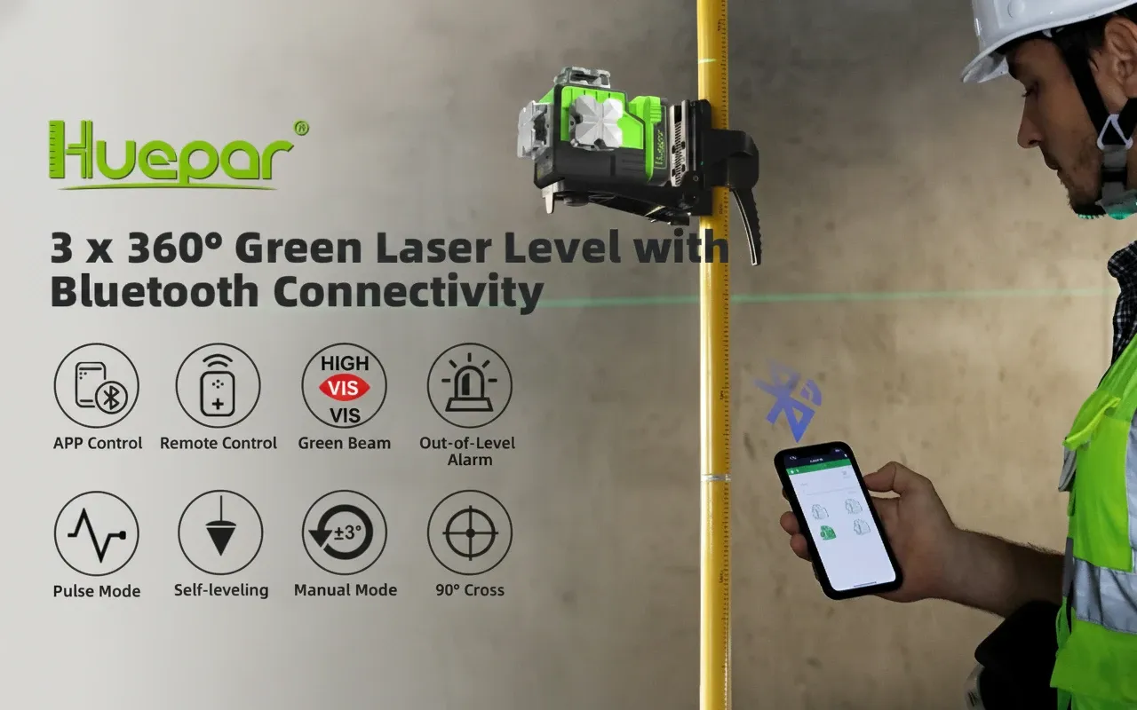 Hueparll professional-grade laser level displaying bright green beams