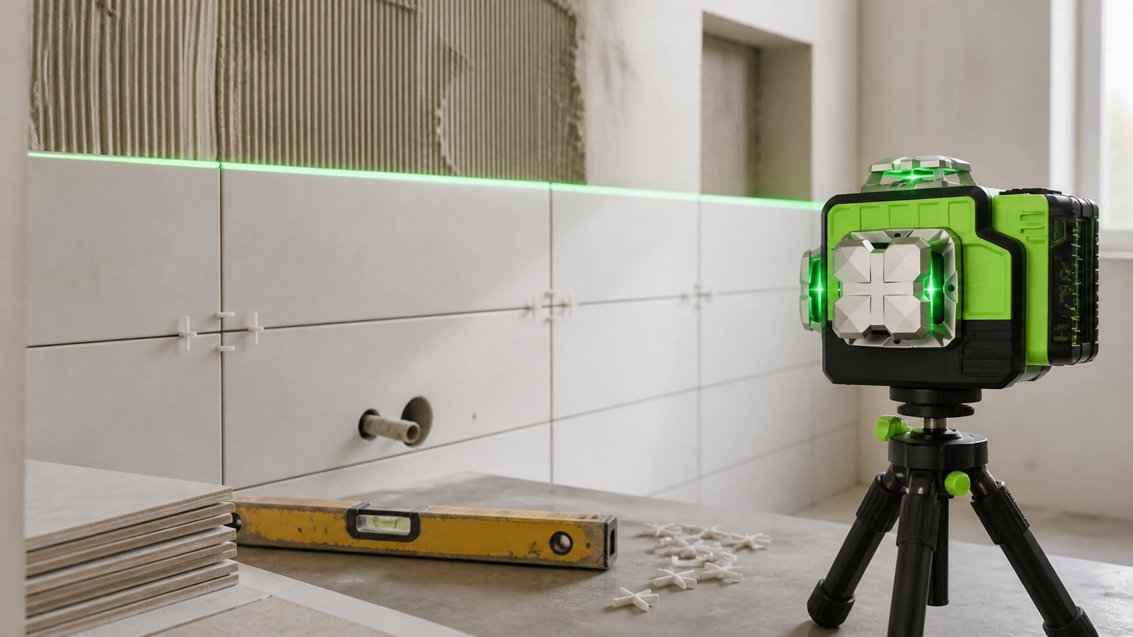 Green 360 laser line marking a level first course for bathroom wall tiles