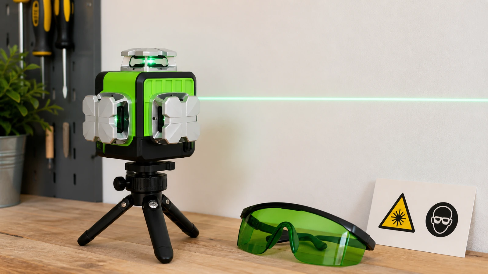 Class 2 construction line laser set up safely on a tripod for UK DIY use