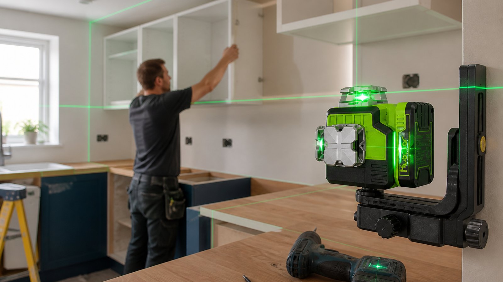 Three-plane green laser aiding kitchen wall-unit layout