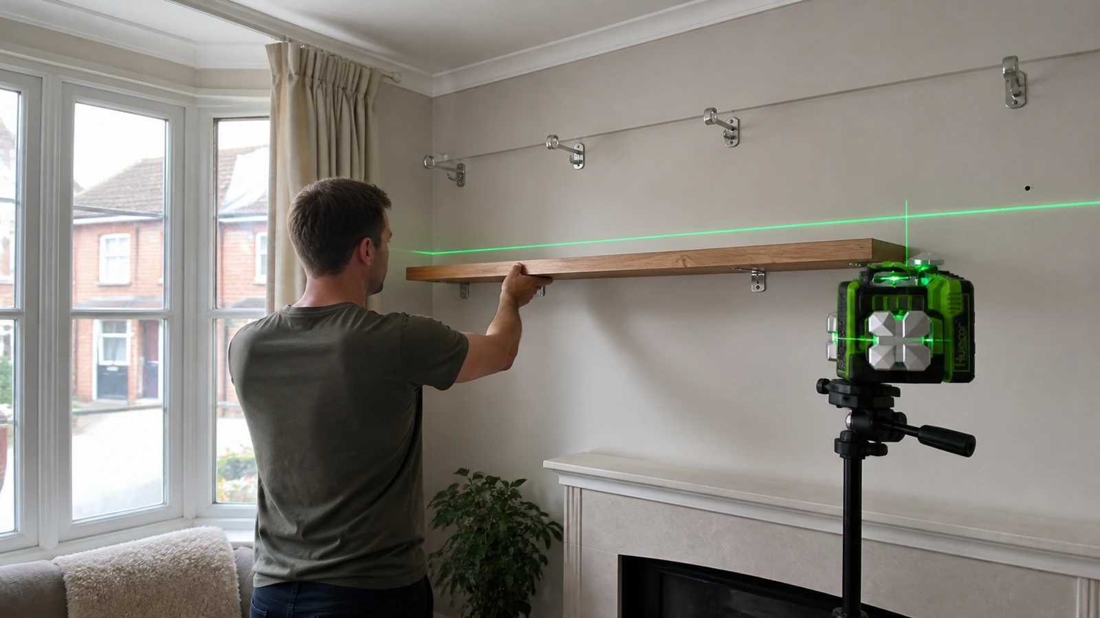 Self-levelling green laser aligning curtain rail brackets in a UK living room