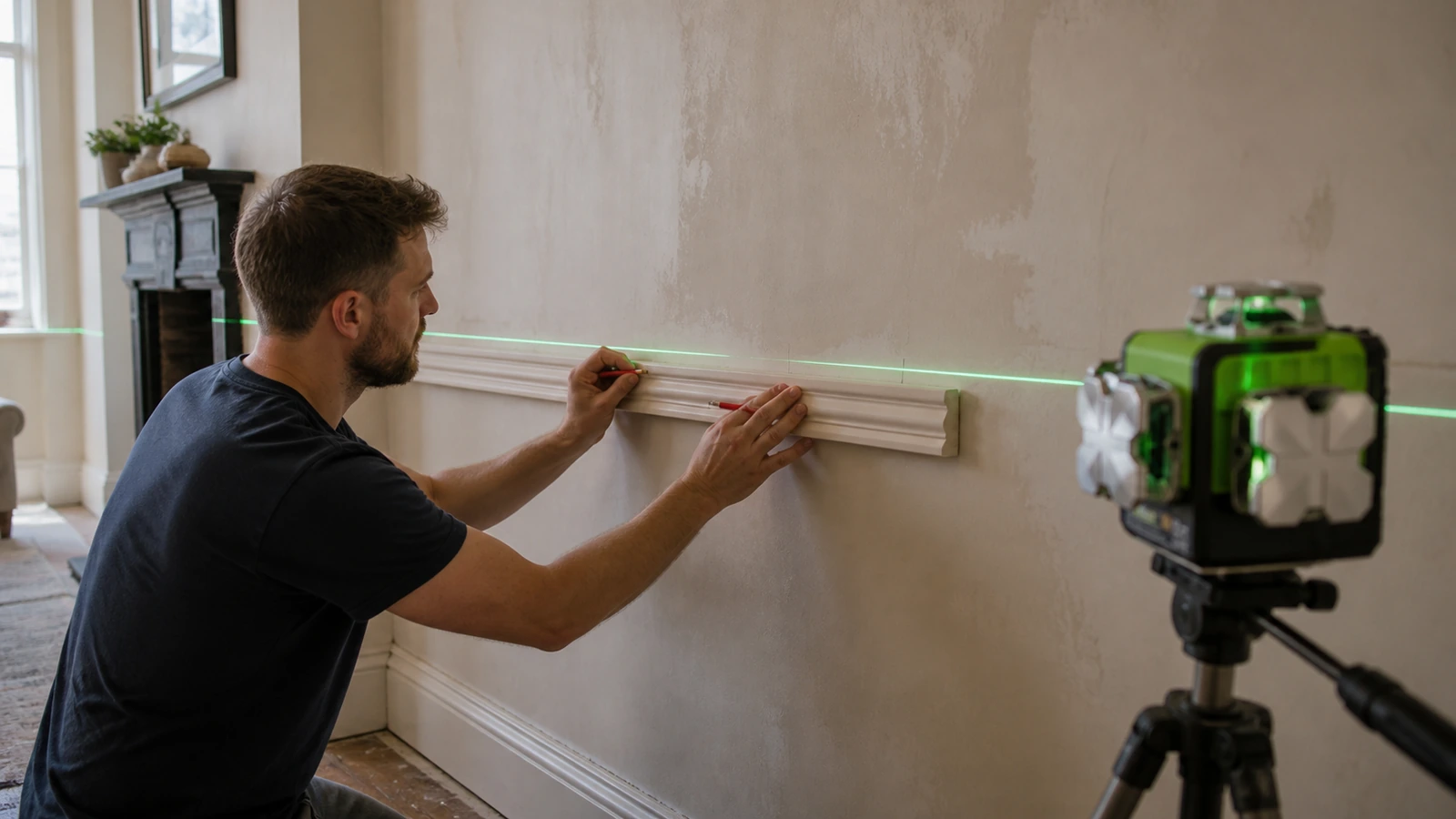 Green laser line guiding level dado rail installation around a UK living room