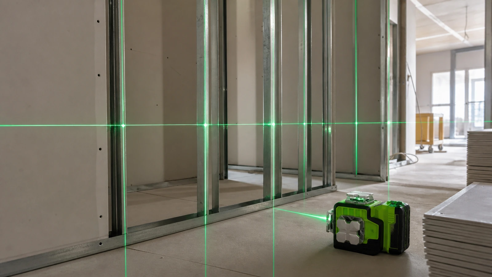Green 360 laser projecting plumb lines for UK drylining metal studs